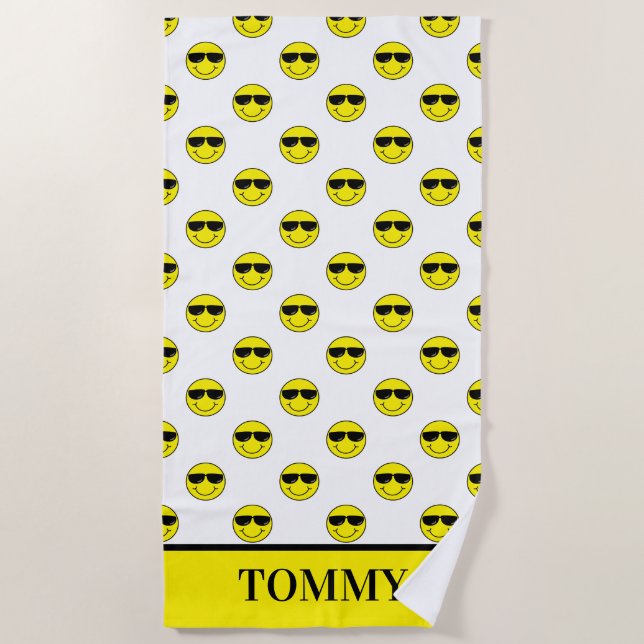 Cool Emoji Face with Sunglasses Add Name Beach Towel (Front)