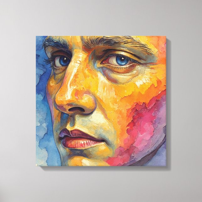 Cool Expressionist Face | Moody Blue Abstract Canvas Print (Front)
