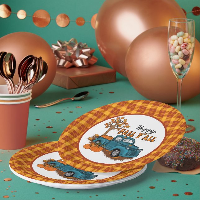 cool Fall plaid Seasonal truck party Paper Plate (Multi)