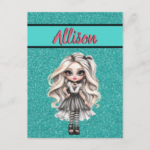 Cool Fashion Girl Turquoise Glitter Personalized Postcard