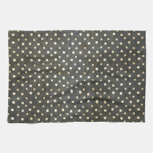 Cool fashionable white polka dots dark grey grunge kitchen towel (Horizontal)
