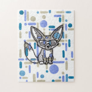 Cool Fennec Fox with Sunglasses Blue Geometric Jig Jigsaw Puzzle
