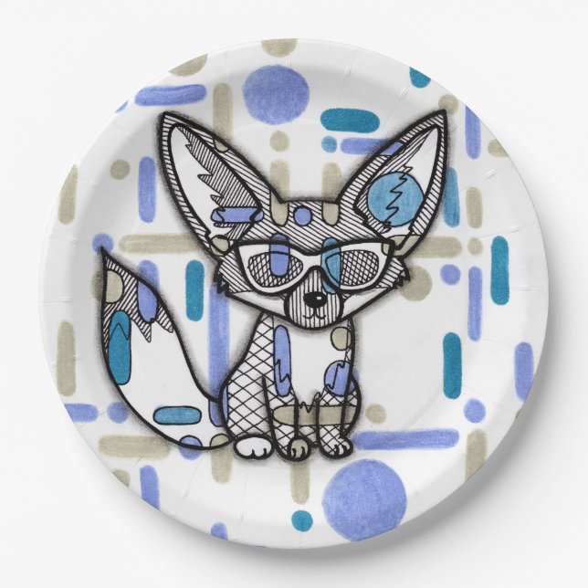 Cool Fennec Fox with Sunglasses Blue Geometric Pap Paper Plate (Front)