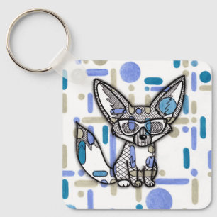 Cool Fennec Fox with Sunglasses Blue Geometric Squ Keychain
