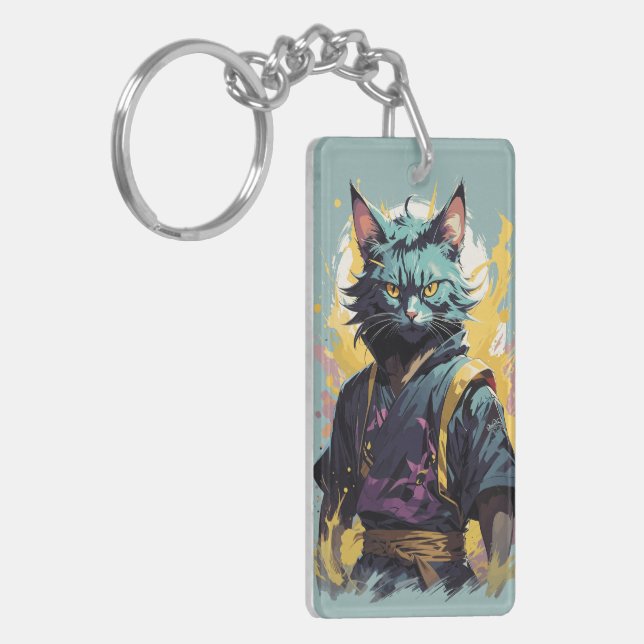 Cool Fire Splash Grey Ninja Cat Warrior Keychain (Front Left)