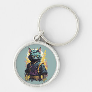 Cool Fire Splash Grey Ninja Cat Warrior Keychain