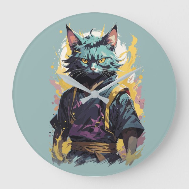 Cool Fire Splash Grey Ninja Cat Warrior Large Clock (Front)