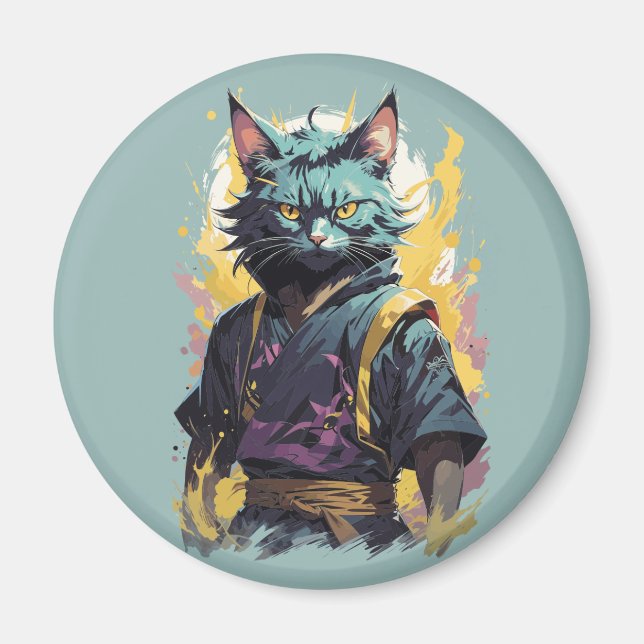 Cool Fire Splash Grey Ninja Cat Warrior Magnet (Front)