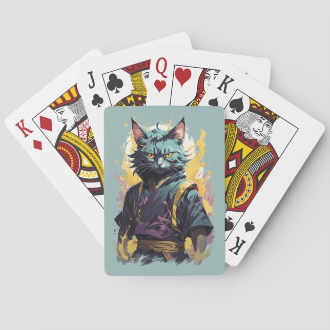 Cool Fire Splash Grey Ninja Cat Warrior Playing Cards (Back)