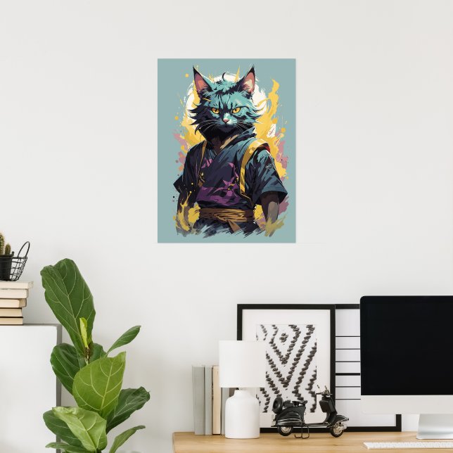 Cool Fire Splash Grey Ninja Cat Warrior Poster (Home Office)