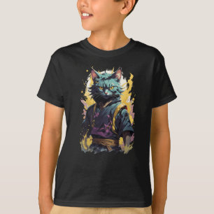 Cool Fire Splash Grey Ninja Cat Warrior T-Shirt