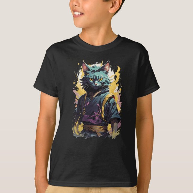 Cool Fire Splash Grey Ninja Cat Warrior T-Shirt (Front)