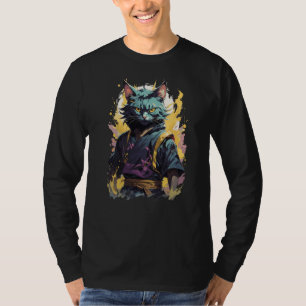 Cool Fire Splash Grey Ninja Cat Warrior T-Shirt