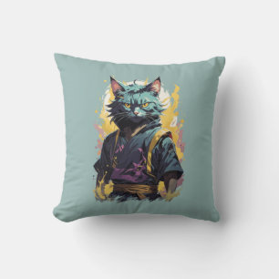Cool Fire Splash Grey Ninja Cat Warrior Throw Pillow