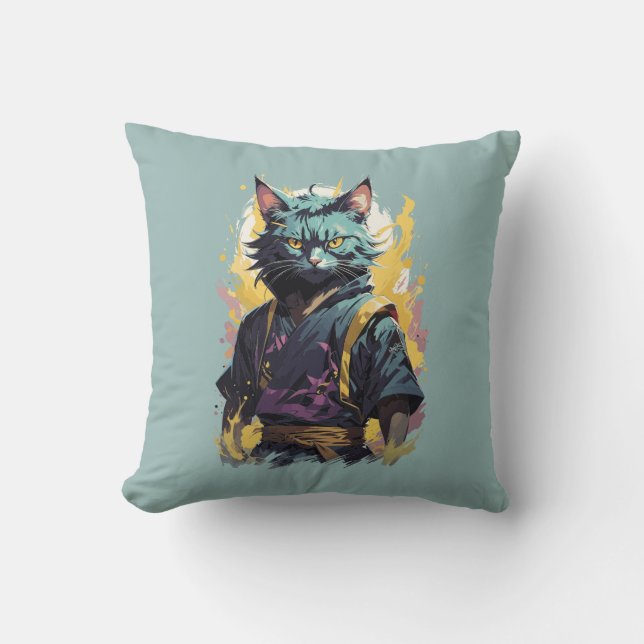 Cool Fire Splash Grey Ninja Cat Warrior Throw Pillow (Front)