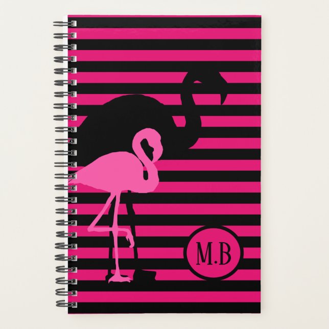 Cool Flamant rose noir et rose rayures Monogramme (Devant)