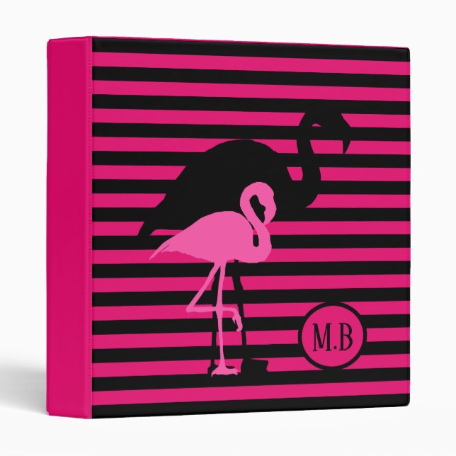 Cool Flamingo Black and Pink Stripes Monogram Binder (Front/Spine)
