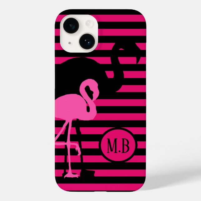 Cool Flamingo Black and Pink Stripes Monogram Case-Mate iPhone Case (Back)