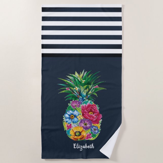Cool Floral Pineapple Nautical Navy Blue Striped   Beach Towel (Front)