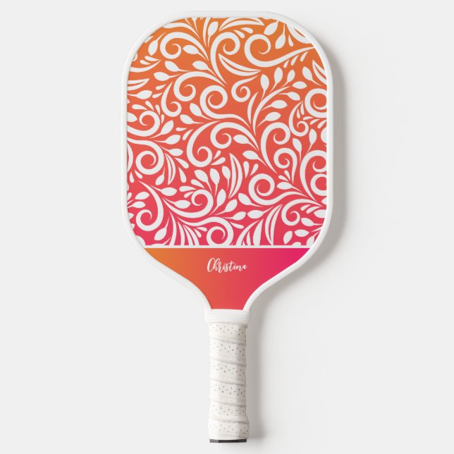 Cool Floral Script Name Orange Pink Gradient  Pickleball Paddle (Front)