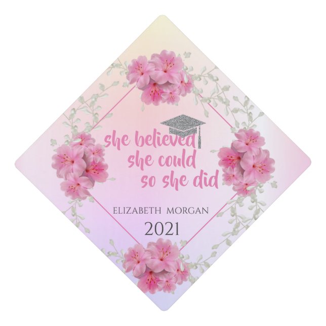 Cool Floral Silver Graduate Cap (Front)