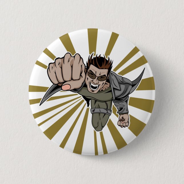 Cool flying super hero comic character 2 inch round button (Front)