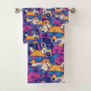 Cool Foxes with Sunglasses, Cameras, and Flowers Bath Towel Set