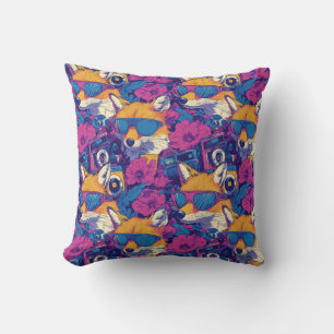 Cool Foxes with Sunglasses, Cameras, and Flowers Throw Pillow