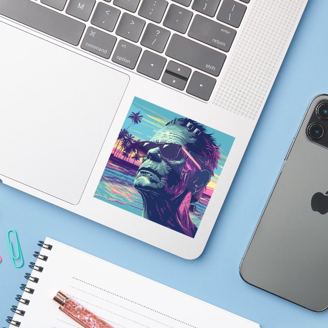 Cool Frankenstein Retro Sunset Halloween (Laptop w/ iPhone)