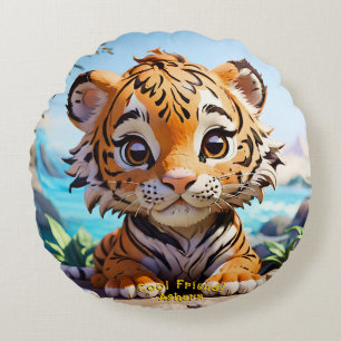"Cool Friend Jungle Tiger Vibrant Orange Hue Text" Round Pillow