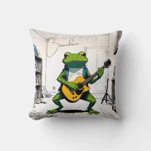 Cool Frog Playing Guitar in Bedroom Studio Throw Pillow