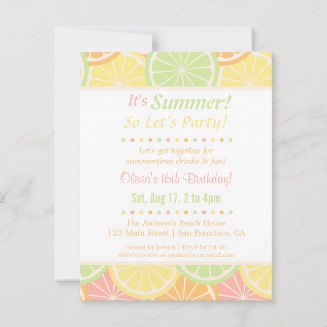 Cool Fruity Summer Birthday Party Invitations (Front)