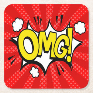 Cool, Fun and Colourful OMG (Oh My God) Design Square Paper Coaster
