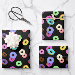 Cool fun colorful donuts pattern black wrapping paper sheet