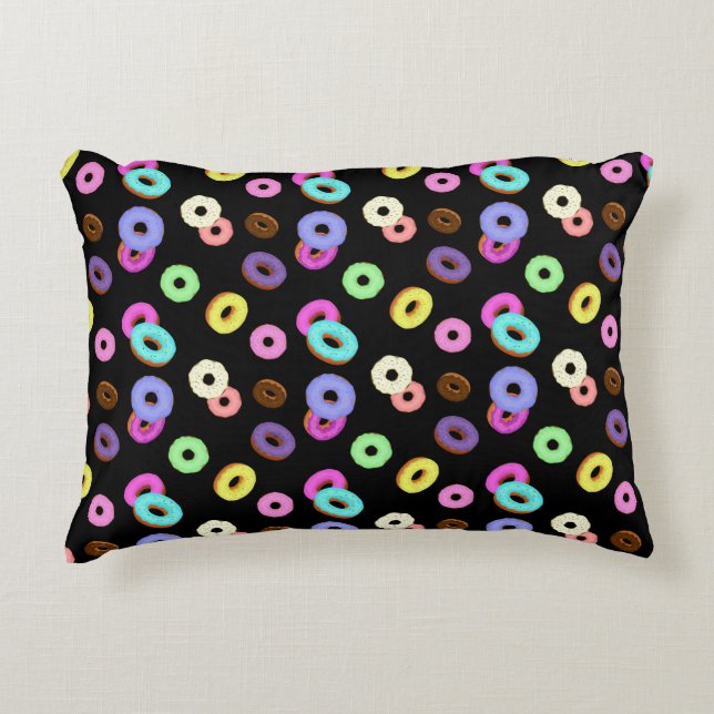 Cool fun colourful doughnuts pattern black accent pillow (Front)