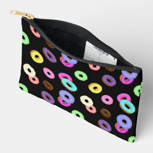 Cool fun colourful doughnuts pattern black accessory pouch (Open)