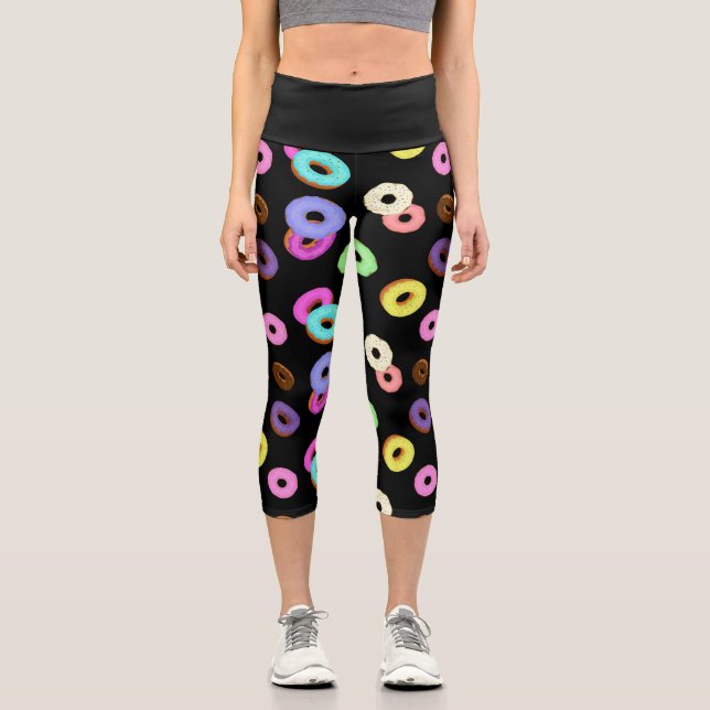 Cool fun colourful doughnuts pattern black capri leggings (Front)