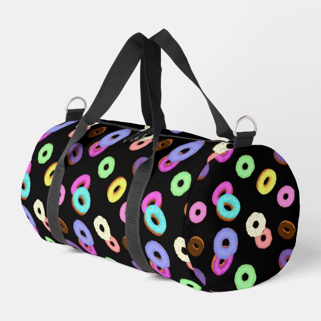 Cool fun colourful doughnuts pattern black duffle bag (Left Corner)