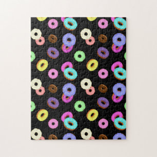 Cool fun colourful doughnuts pattern black jigsaw puzzle