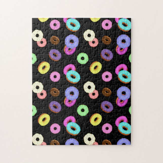 Cool fun colourful doughnuts pattern black jigsaw puzzle (Vertical)