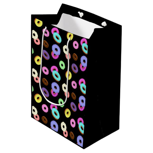 Cool fun colourful doughnuts pattern black medium gift bag (Front Angled)