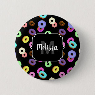 Cool fun colourful doughnuts pattern black Monogra 2 Inch Round Button