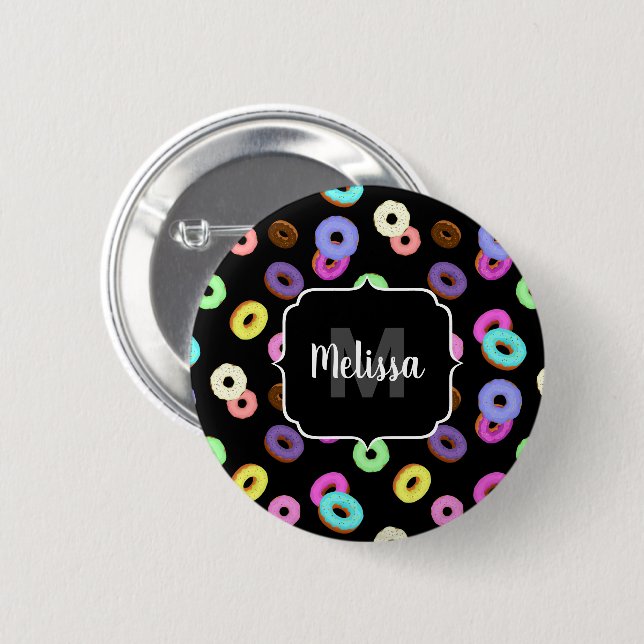 Cool fun colourful doughnuts pattern black Monogra 2 Inch Round Button (Front & Back)