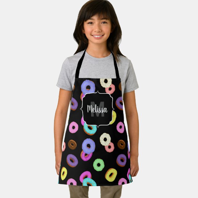 Cool fun colourful doughnuts pattern black Monogra Apron (Insitu)