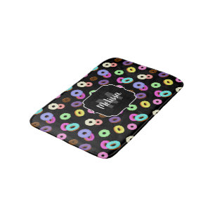 Cool fun colourful doughnuts pattern black Monogra Bath Mat