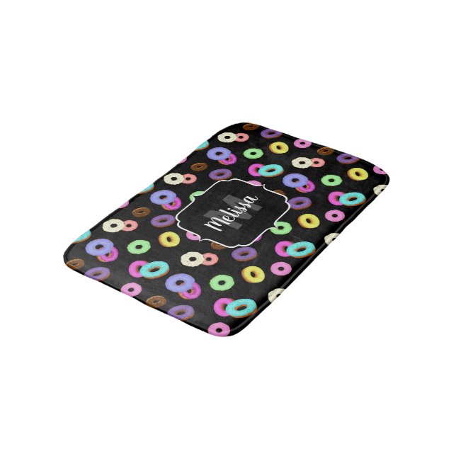 Cool fun colourful doughnuts pattern black Monogra Bath Mat (Angled)