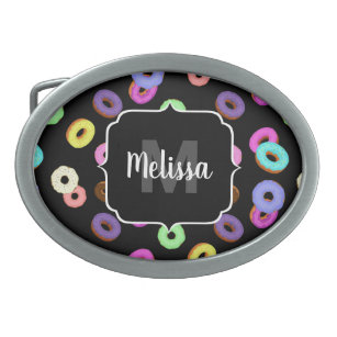 Cool fun colourful doughnuts pattern black Monogra Belt Buckle