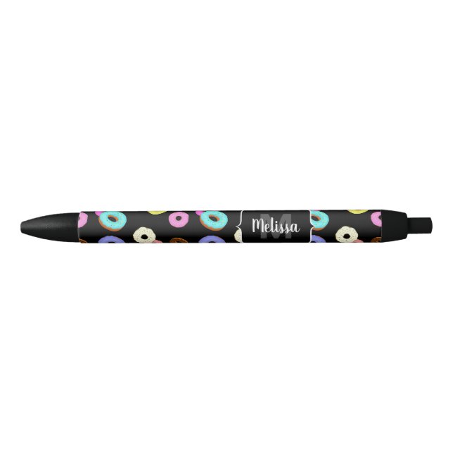 Cool fun colourful doughnuts pattern black Monogra Black Ink Pen (Front)