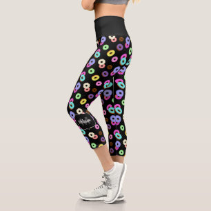 Cool fun colourful doughnuts pattern black Monogra Capri Leggings