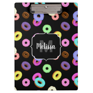 Cool fun colourful doughnuts pattern black Monogra Clipboard
